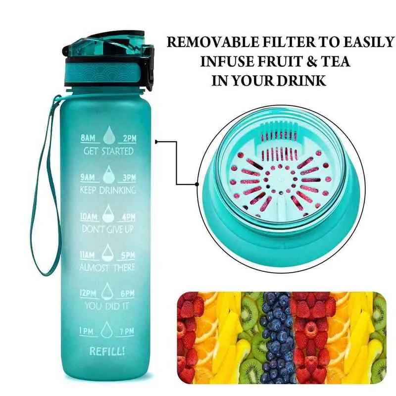 Bouteille d'eau de grande capacité de 32 oz avec marqueur de temps étanche Gym Fitness Sport Shaker Bouteilles de boisson Camping Vélo Waterbottle Y1223