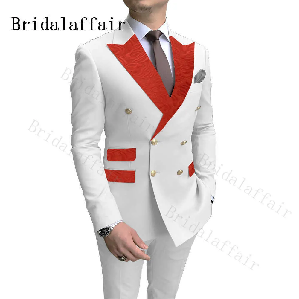 Bridalaffair Design Double boutonnage hommes costumes blanc avec rouge Paisley Peaked revers Blazer meilleur homme anneau garçon fête de mariage Tuxedos X0909