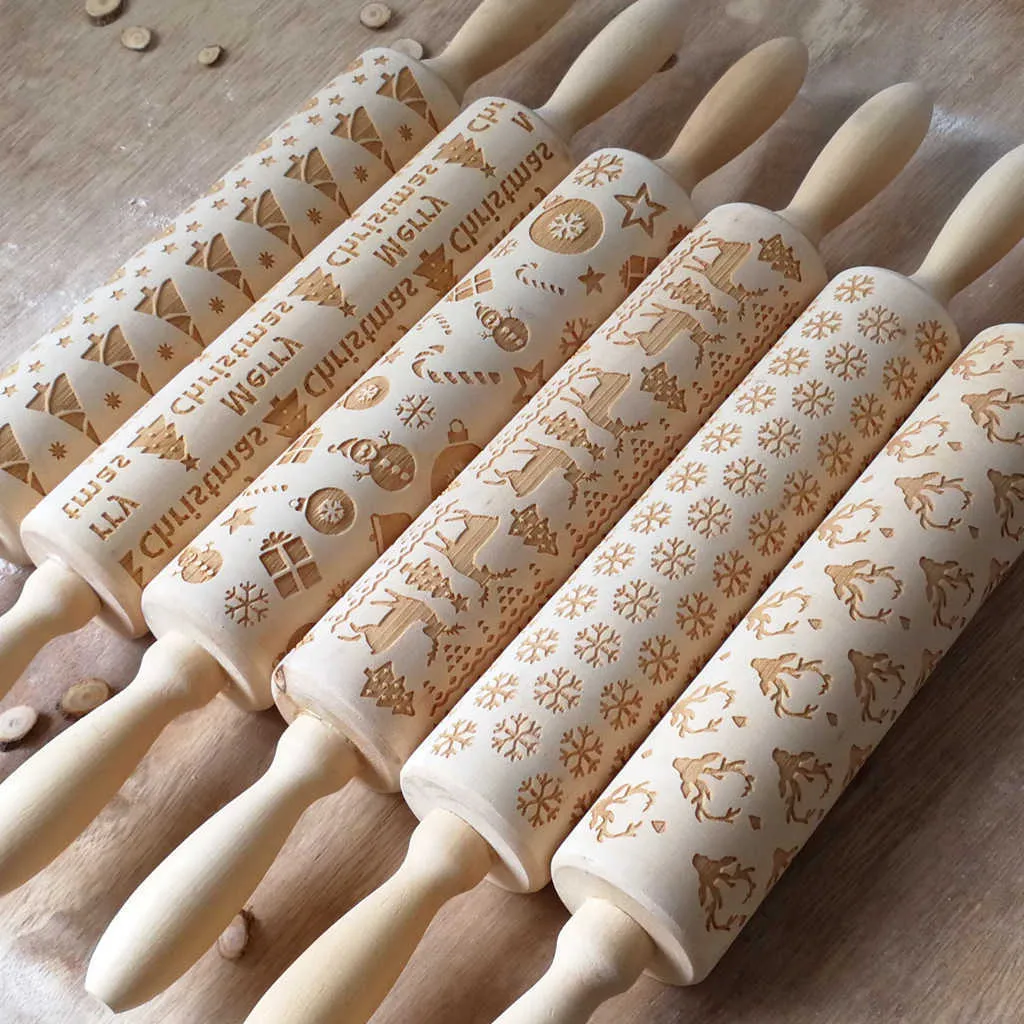 15 Types Wood Wooden Embossing Rolling Pin Engraved Dough Roller with Pattern Christmas Wedding Cookies Baking Clay Roller 211008