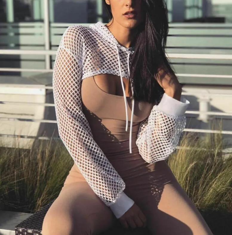 Frauen Sexy Fishnet Mesh Crop Tops Mit Kapuze Hoodie Casual Pullover Bikini Cover-Ups Badeanzug Strand Badeanzug Sarongs301m