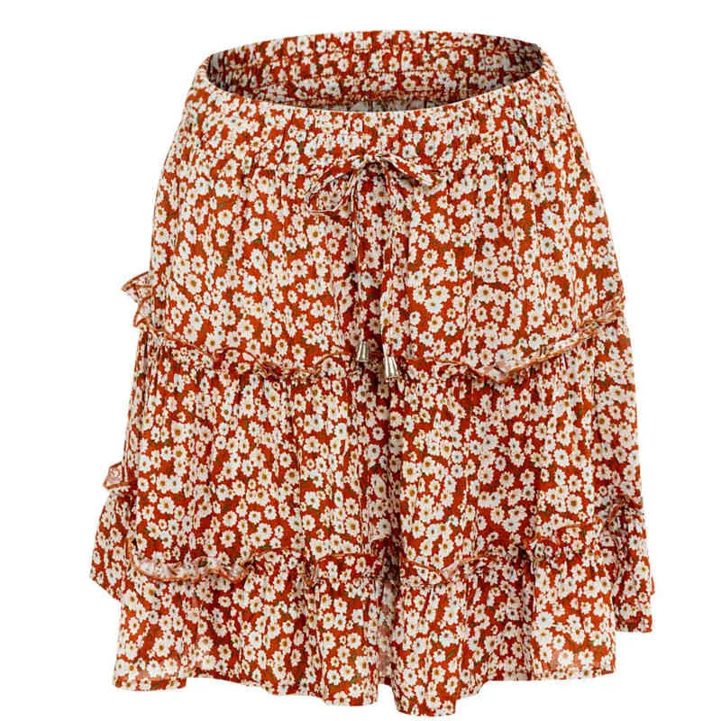 Casual Cotton polka dot ruffle summer pink skirt women A line high waist pleated short Floral print chiffon beach 210428