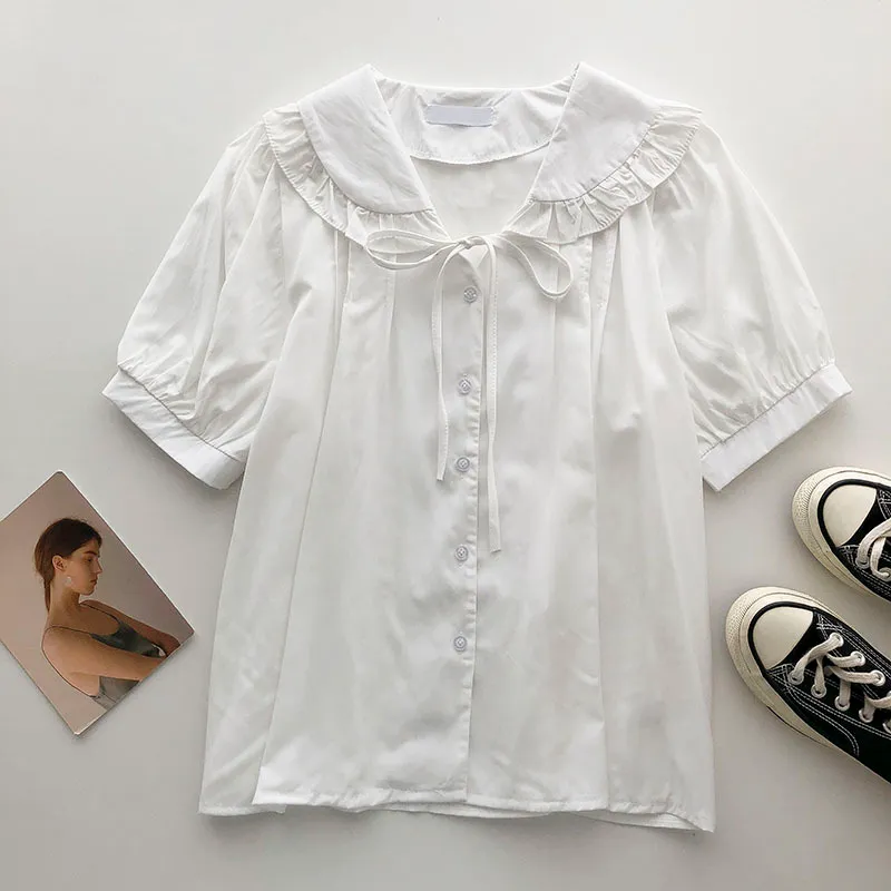 Kimutomo Solid Shirt Girl Summer Coreano Bow Lace Up Peter Pan Collar Manica corta Camicetta monopetto Fashion 210521