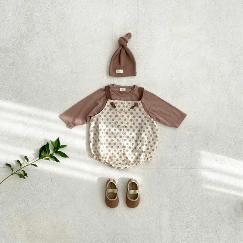 Korean Style Summer Baby Girl Bodysuit Beige Grey Polka Dot Sling Jumpsuit born Clothes Cute E095 210610