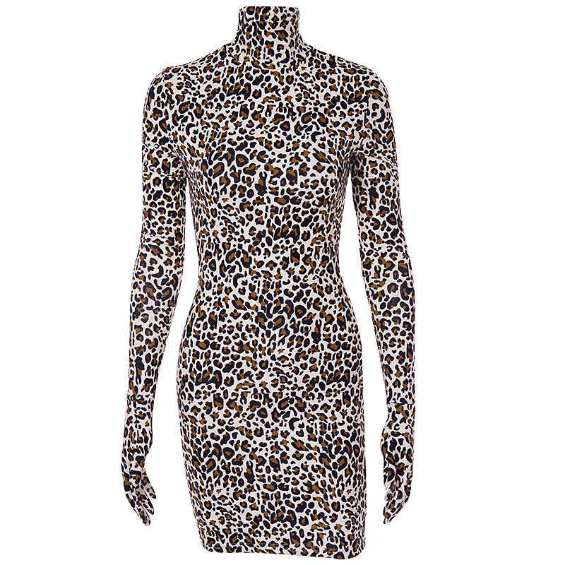 Sexy Leopard Snake Print Bodycon Dress Women Cotton Long Sleeve with Gloves Turtleneck Mini Dress Female Party Christmas Dresses 210709