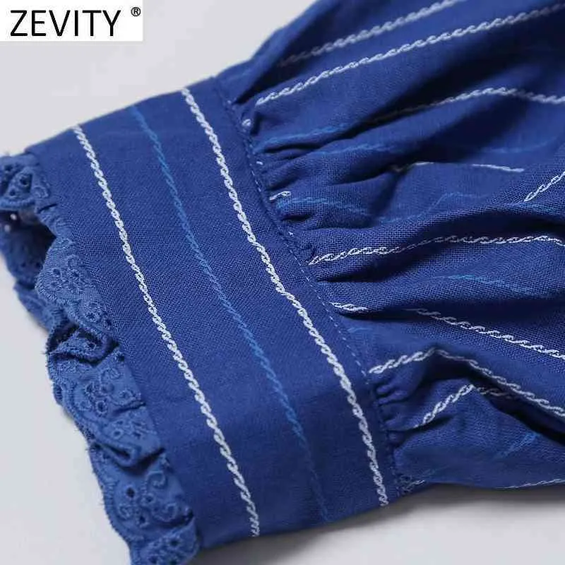 ZEVITY Donna Vintage Stampa a righe Camicetta Camicie Donna Colletto Peter Pan Decorazione in pizzo Chic Office Femininas Blusas Top LS9302 210419