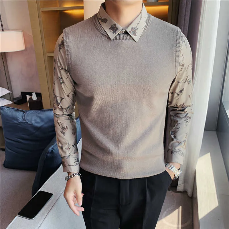 Autumn Winter Thick Sweater Men's Slim Flower Shirt Collar Fake Two Sweaters Casual Men's Knitted Pullovers Brand Knitted Tops 210527