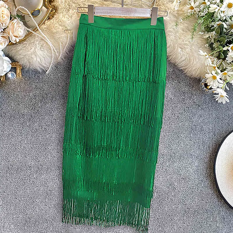 Зеленая бахрома Bodycon карандаш юбки кисточка высокая талия женская стрейковая оболочка MIDI длины дамы тонкий Jupe Saias Faldas плюс размер 210416