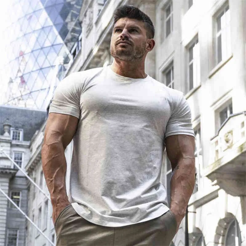 Summer Mens Cotton Short Sleeve T-shirt Man Slim Plain T Shirt Male Joggers Gyms Fitness Bodybuilding Workout Tees Tops 210421