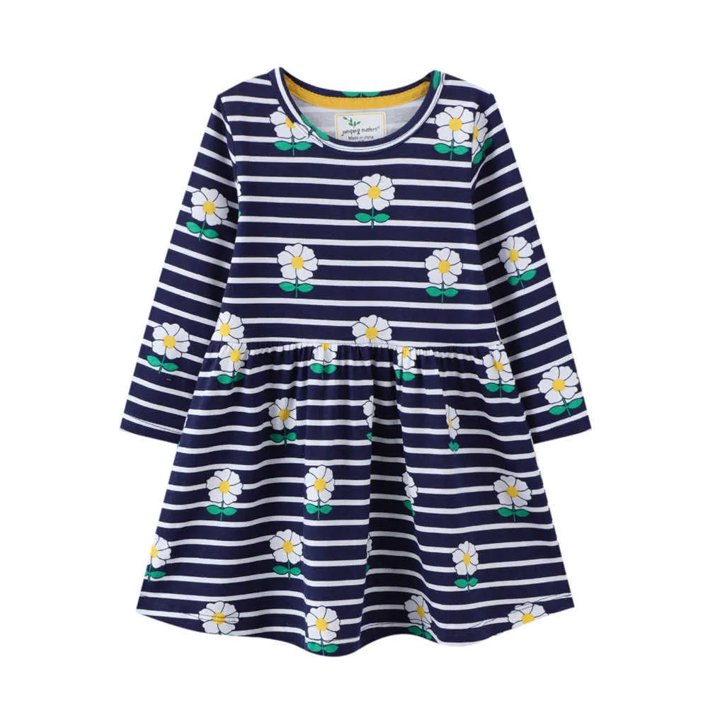 Strisce nuovo arrivo principessa fiore ricamo ragazze abiti in cotone manica lunga moda bambini abiti da festa vestito bambini Q0716