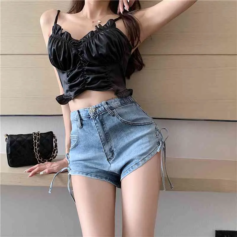 Nomikuma Denim Shorts Koreanische Bandage Sexy Split Frauen Jeans Böden Sommer Neue Hohe Taille Kurze Feminimos 6G954 210427