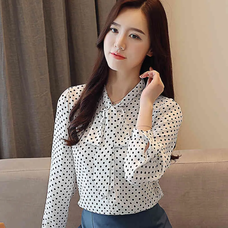 Polka Dot Casual Blouse Herfst Koreaanse Chiffon Shirts Dames Cardigan Tops Mode Vlinderdas Losse Lange Mouw Blusas 10642 210417