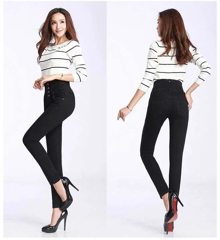 Moda Donna Denim Pantaloni Elastico Vita alta Skinny Stretch Jean Donna Primavera / Autunno Jeans Piedi Pantalones Mujer Plus Size 210616
