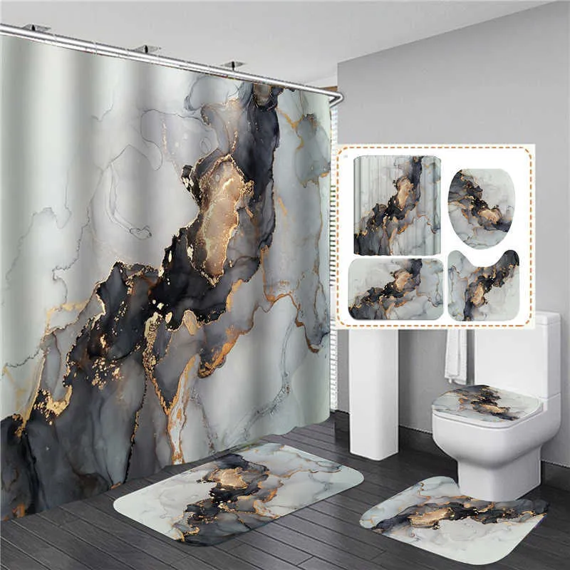 Druk 3D Elegancki obraz olejny Zasłona prysznicowa Wodoodporna zasłony w łazience z zestawem hakiem Miękka mata do kąpieli WC Dywany dywanów 210715