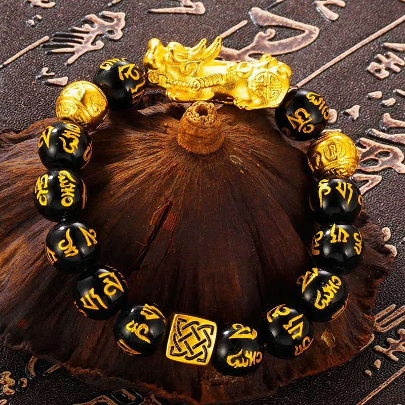 Heren Feng Shui Bracelet Geluk rijkdom Boeddha Zwart Obsidian Stone Beaded Hombre Gold Charm Pixiu S Papa Gifts 210918