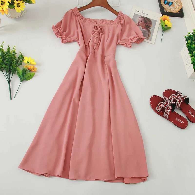 Ly Varey Lin Women Summer Slash Neck Puff Sleeve Vintage Dress High Waist Bow Tie Up Ruffles Black Pink Midi A-line 210526