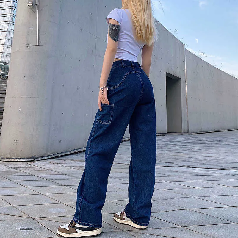 Retro Blue Woman Jeans Causal Loose Baggy High Waist Skinny Pockets Cargo Pants Zipper Button Wide Leg Mujer Pantalones 210922