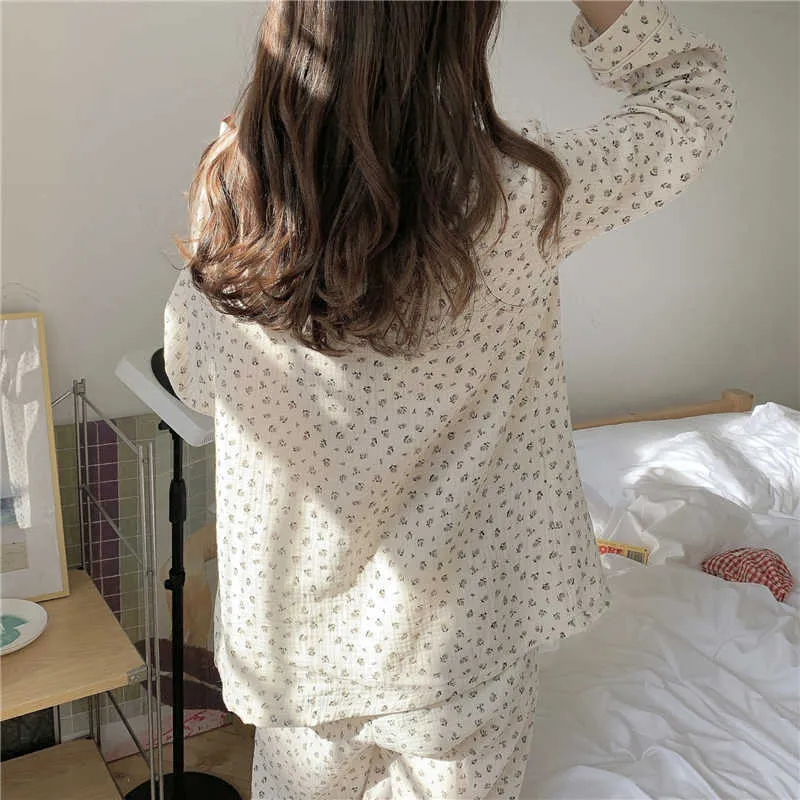 Långärmad sovkläder Blommigryckt Kvinnor Hem Chic Bekväm Loose Cotton Fashion Pajamas Suits Sets 210525