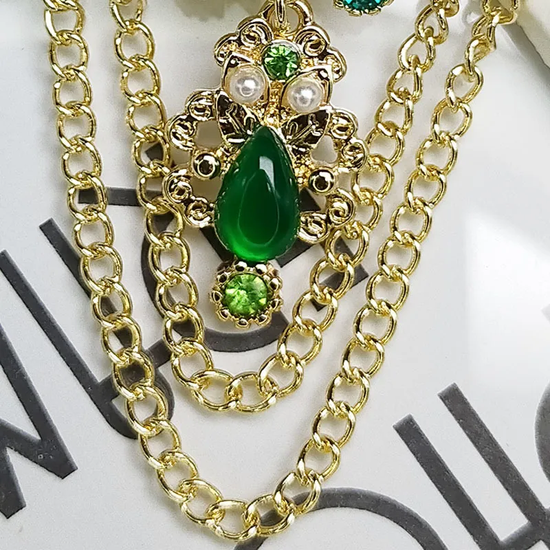 Broche rétro, bijou Vintage, robe Antique, bouton d'écharpe, chaîne Double couche, épingles luxueuses en pierre verte
