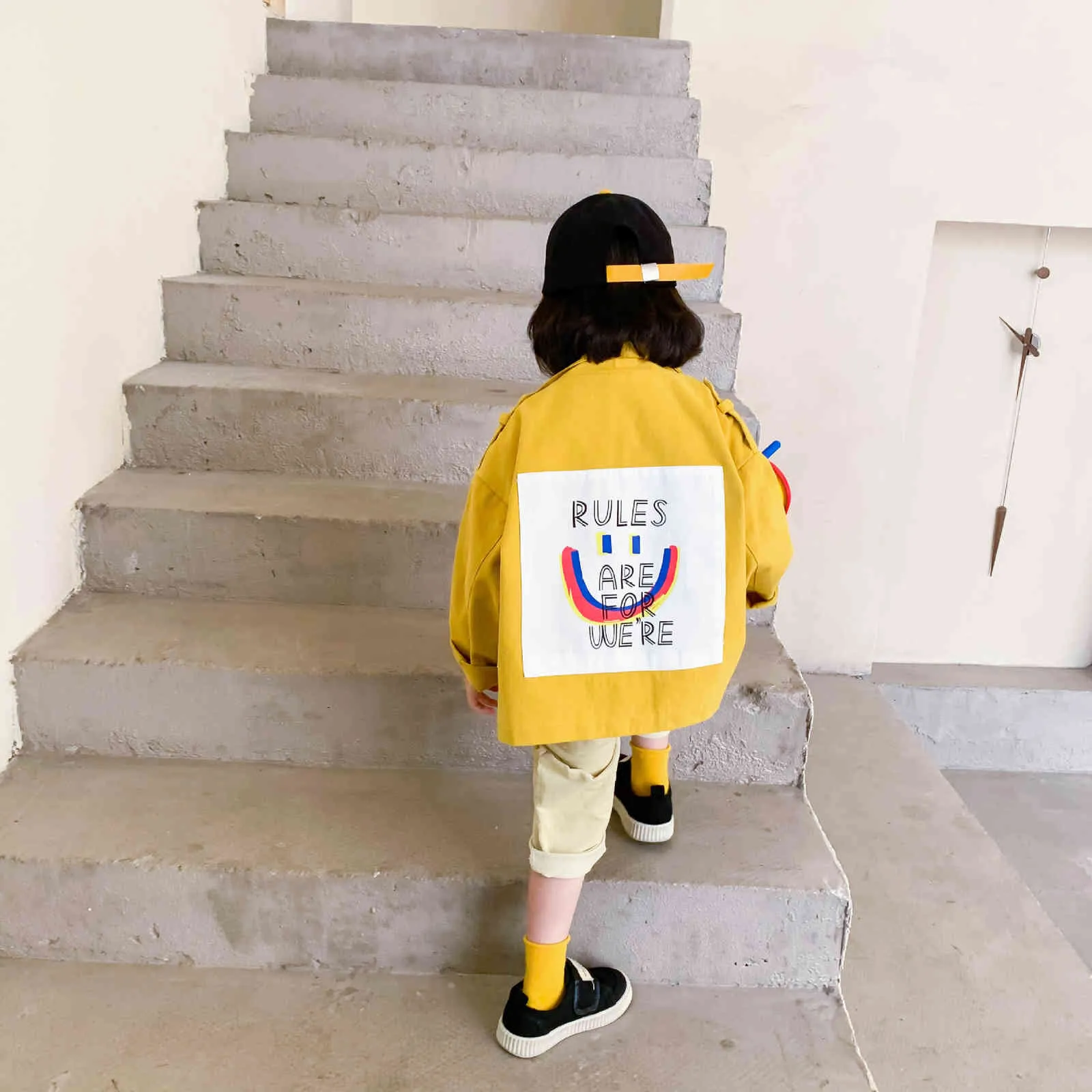 Autumn boys and girls cartoon loose stand collar jackets Oversized fashion yellow outwears coats 1-6Y 210508