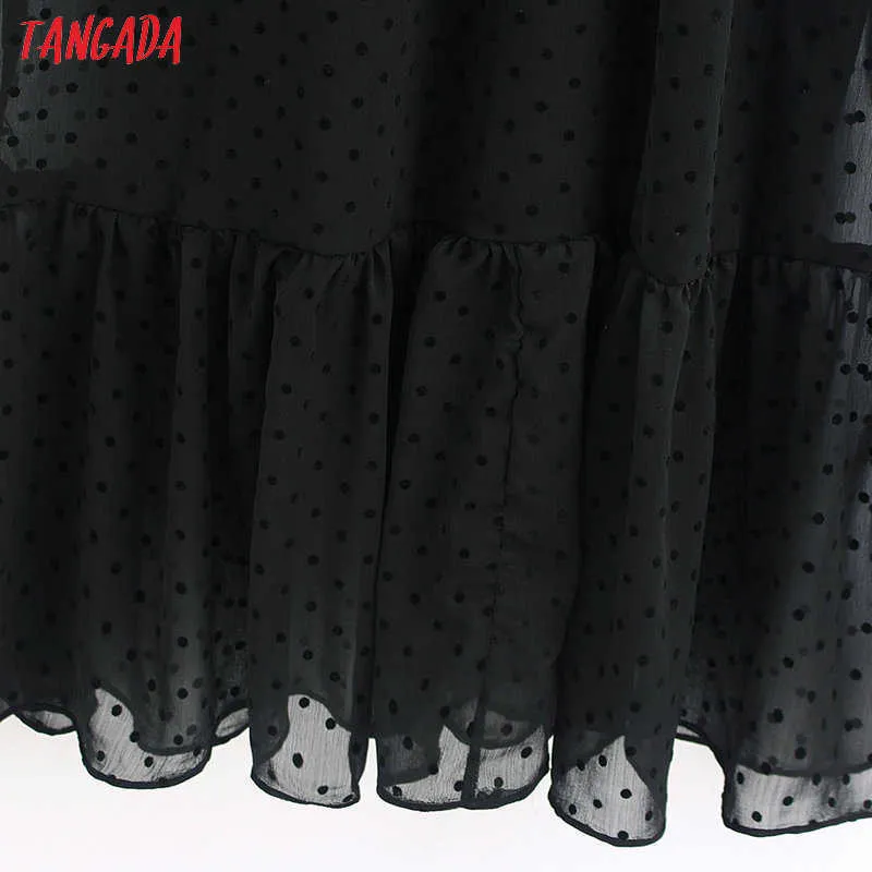 Tangada Mode Frauen Punkte Schwarz Kleid Rüschen Kragen Kurzarm Damen Elegante Midi Kleid Vestidos 6Z38 210623