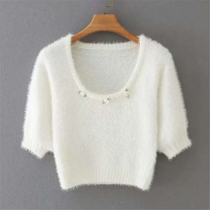 BLSQR White Mohair O-neck Sweater Fashion Short Sleeve Casual Solid Color Pullover Femme Appliques Crop Tops 210430