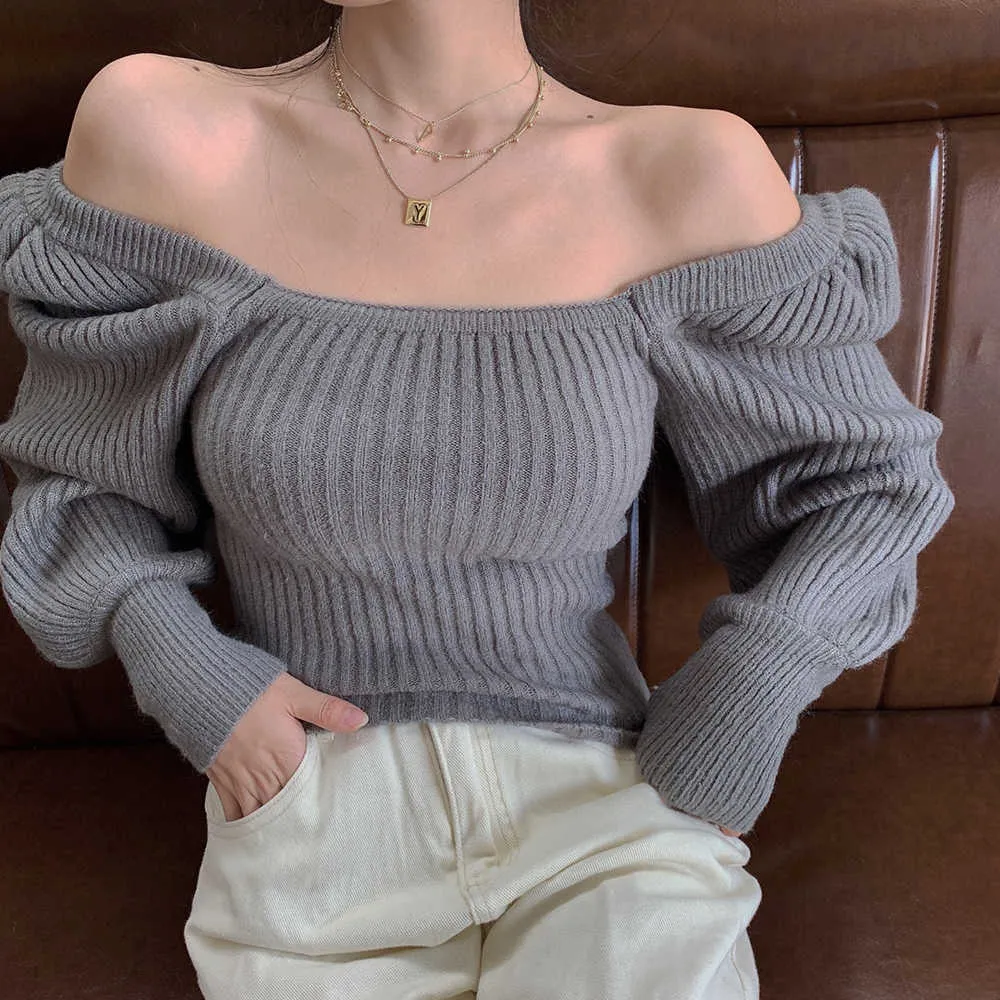 Vintage Sweater Square Collar Solid Winter Puff Sleeve Top Pullover for Women Slim Korean Fashion Clothing Sexy Knitted 211011