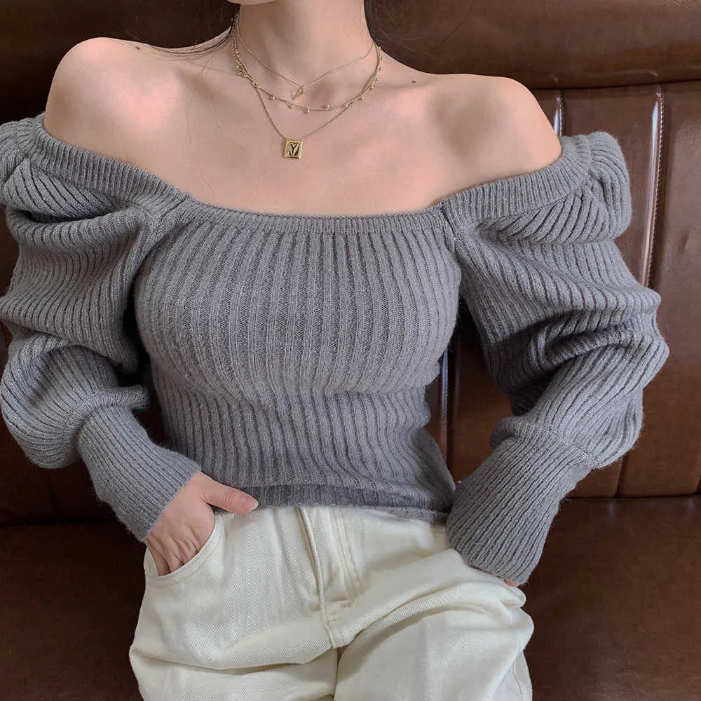 Vintage sweter kwadratowy kołnierz solidny zimowy rękaw puff top pulower dla kobiet Slim koreański odzież moda seksowna dziana 211011