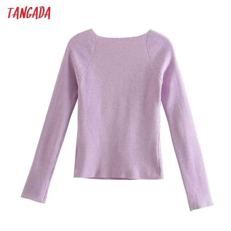 Tangada Moda Donna Elegante Colletto Quadrato Maglione Maglione Pullover Chic Top AB26 210609