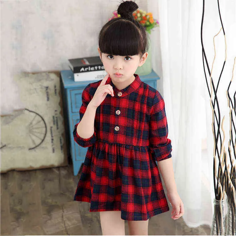 Winter Casual Kinder Mädchen Kleid Baumwolle Patchwork Plaid Print Lange Hülse Drehen-unten Kragen Kleid Herbst Teenager Fleece Kleidung 211027