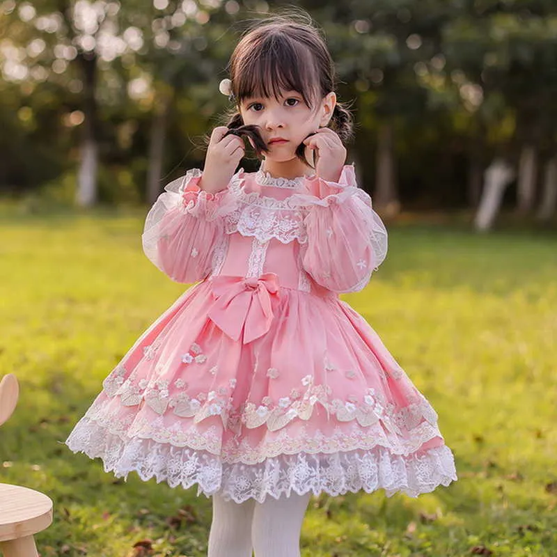 Spring Kids Girl Party Dress Lace Bow Pink Long Sleeves Mesh Princess Dresses Wedding Perform Clothes E8009 210610