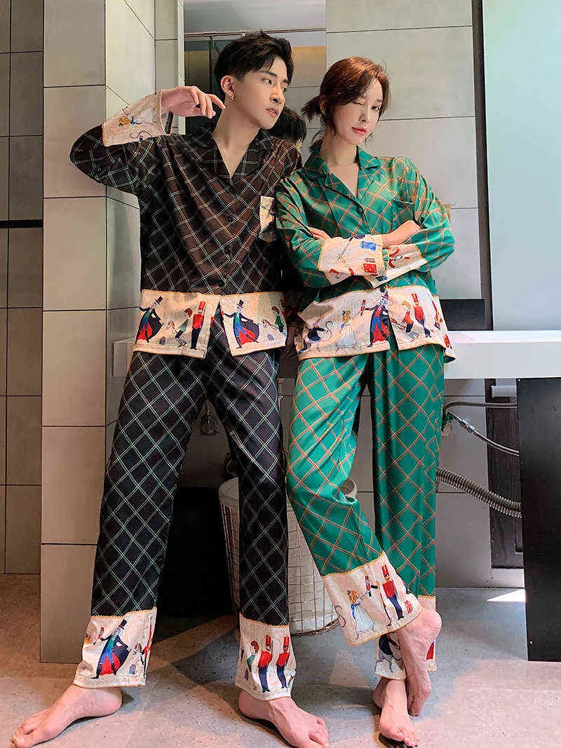 Unisex Women Couple Pajamas Autumn Long Sleeve Trousers Ice Silk Female Cartoon Pajamas Set Print Men Home Service Suit Y1125