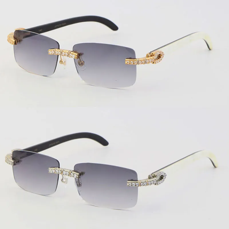 Neues Modell, handgefertigt, 2,6 Karat, Diamantbesatz, randlose Damen-Sonnenbrille, innen weiß, schwarzes Büffelhorn, Herren, berühmte UV400-Linse, Sonne, Gla267P