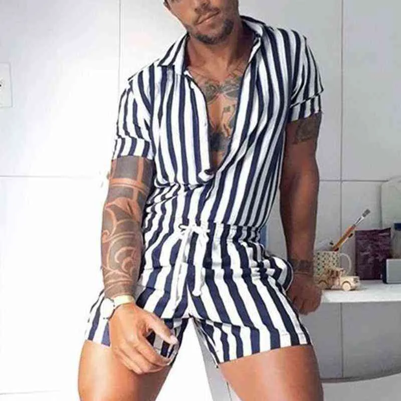 Fashion Striped Rompers Mens 2021 Casual Playsuit Short Sleeve Button Shorts Lapel Jumpsuit Drawstring Streetwear H1210