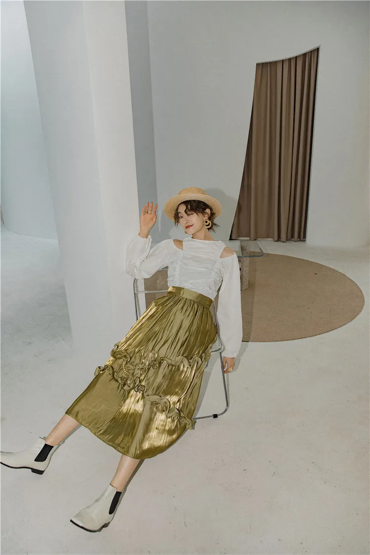ゴールドのキラキラスカートレディースハイウエストライン長いミディレディースRuched韓国の反射ファッション服210427