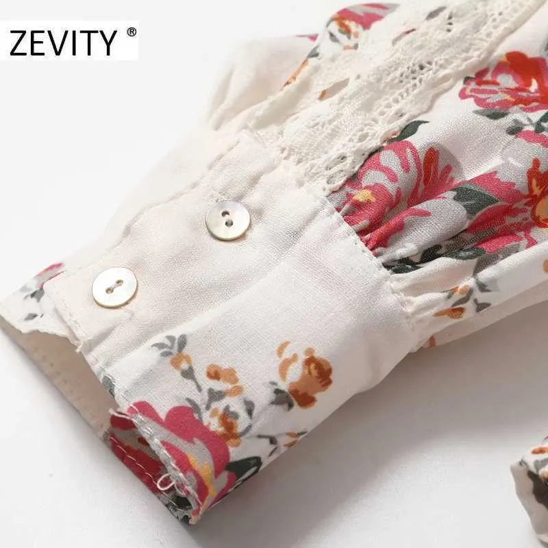 ZEVITY donna elegante pizzo patchwork stampa camicetta grembiule casual ufficio signore o collo maniche a sbuffo camicie chic blusas top LS7104 210603