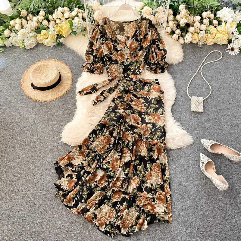 Yaz Zarif Plaj İki Parçalı Setleri Kadın Moda V Boyun Bandaj Bluz Ve Düzensiz Etekler Kıyafetler Giysi Bayanlar Çiçek Takım Elbise 210525