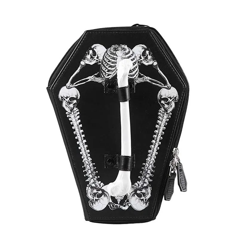 Bolsos de noche de moda bolso de hombro de cuero negro PU con cráneo ataúd correa de embrague en forma de ataúd correa gótica para mujeres Handb281a
