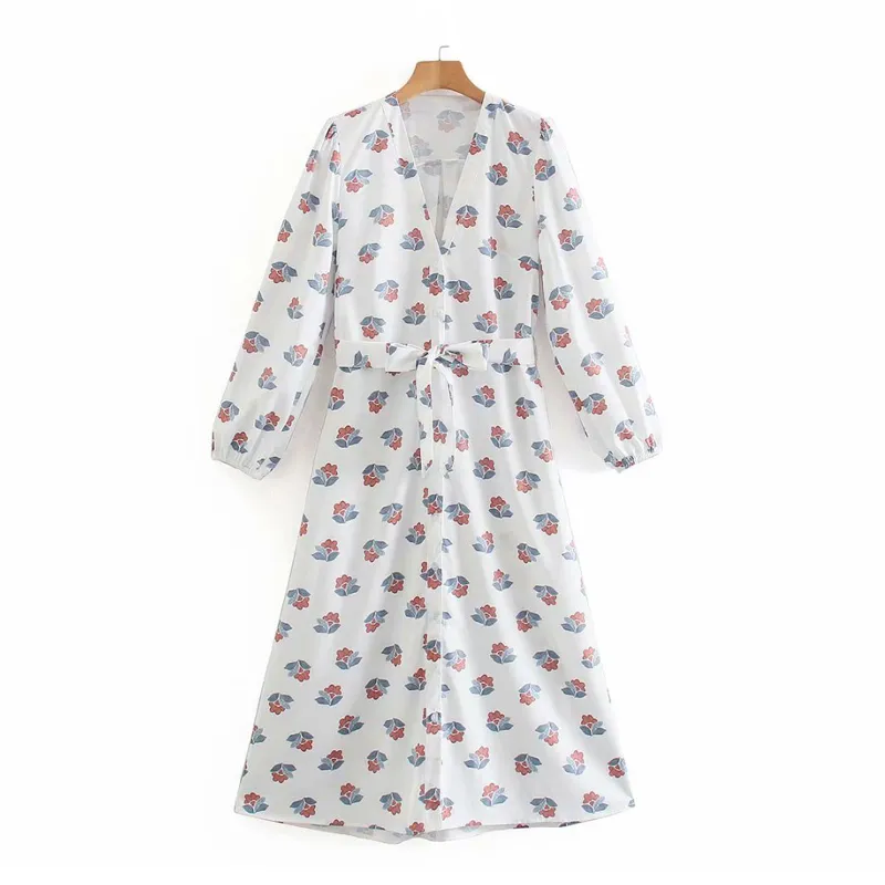 Été Blanc Floral Imprimer Poplin Midi Robe Femmes Chic Casual Boutons Avant Femme À Manches Longues Bow Ceinture Robes 210430