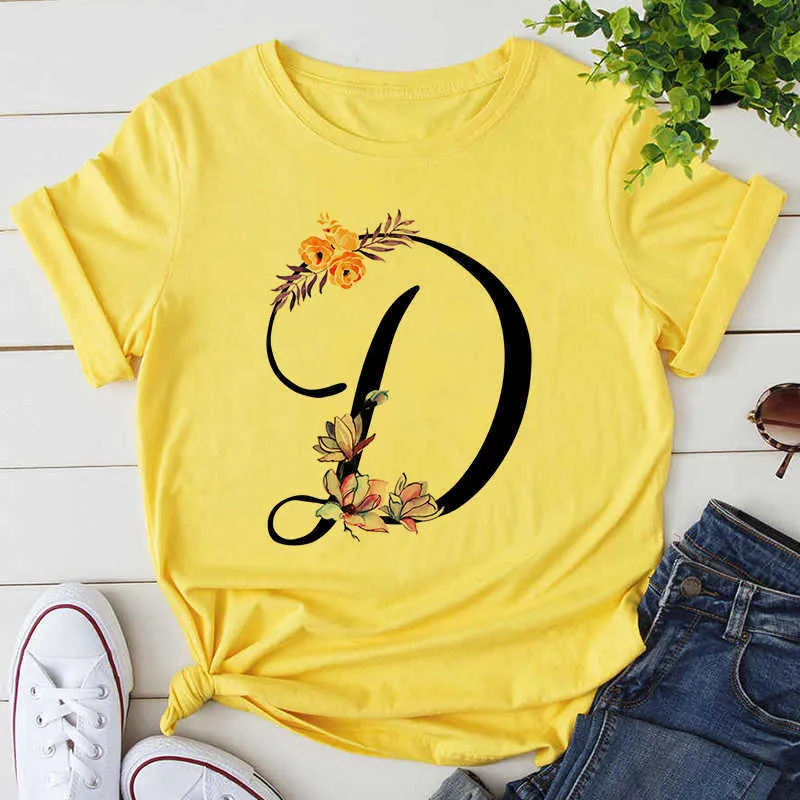 Custom nome letra combinação mulheres de alta qualidade impressão t-shirt letra de flor fonte a b c d e f g g g de manga curta amarelo tshirt x0628