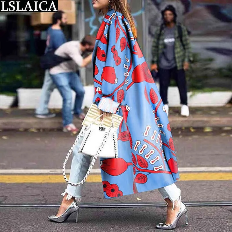 Women Trench Coat Fashion Long Sleeve Turn-Down Collar Loose Plus Size Floral Print Female Overcoat High Street 210515