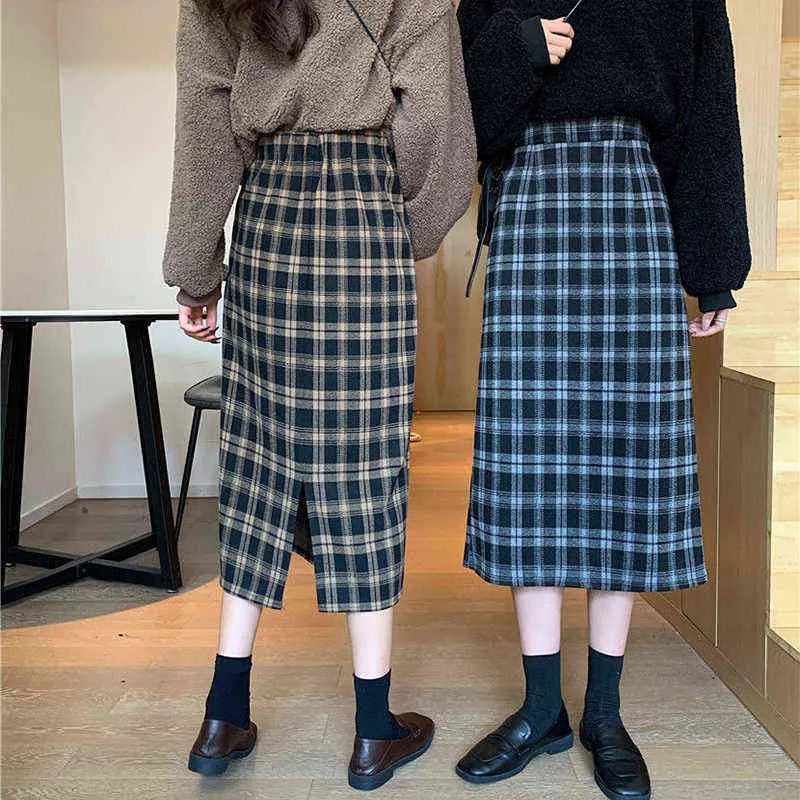 Rimocy coréen Plaid Midi jupe femmes automne hiver taille haute fendue jupes en une étape femme Harajuku étudiants jupes longues 211120