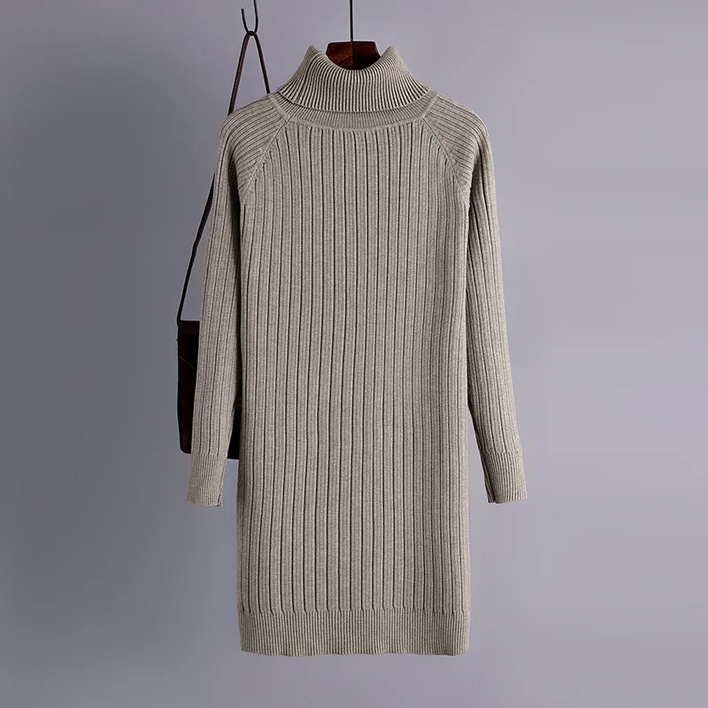 Frauen Rollkragen Gestricktes Kleid Herbst Winter Mode Elastische Dünne Langarm Jumper Verdicken Warme Solide Pullover Kleider 210419