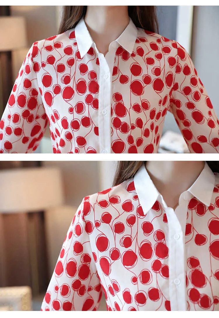 Blusas Mujer de Moda Red Dot Chiffonブラウス女性トップス長袖女性のシャツを折りたたむカラーオフィスレディーストップスB861 210602