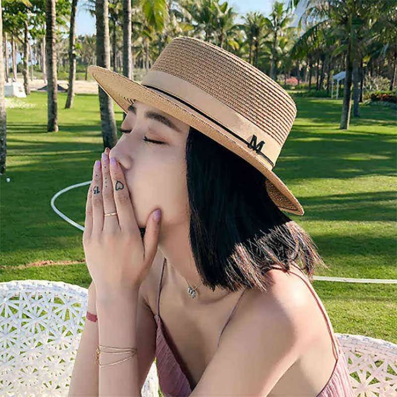 2022 Fashion Women Panama Hat Summer Beach Hat Female Casual Lady Flat Brim Straw Cap Girls Sun Hat Chapeu Feminino G220301