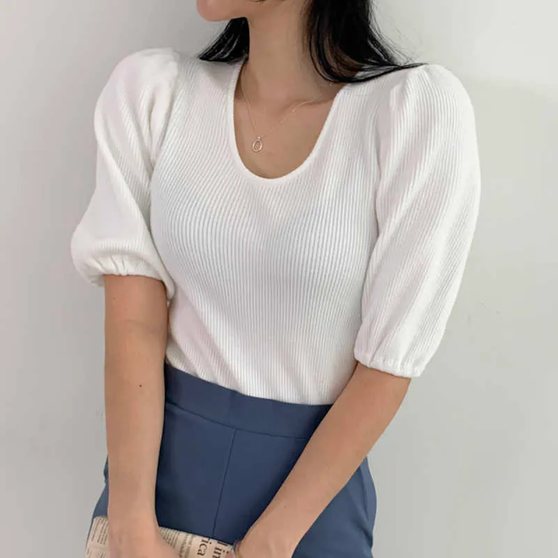 Korejpaa Girl T-Shirt Summer Korea Chic Temperament All-Match Slimming U-Neck Pit Strip Solid Color Puff Sleeve Knitted Top 210526