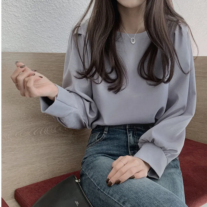 Tasarım Puf Kol Üst Bluz Kadınlar Zarif Şifon Tee Gömlek O Boyun Sonbahar Bahar Kore Moda XS