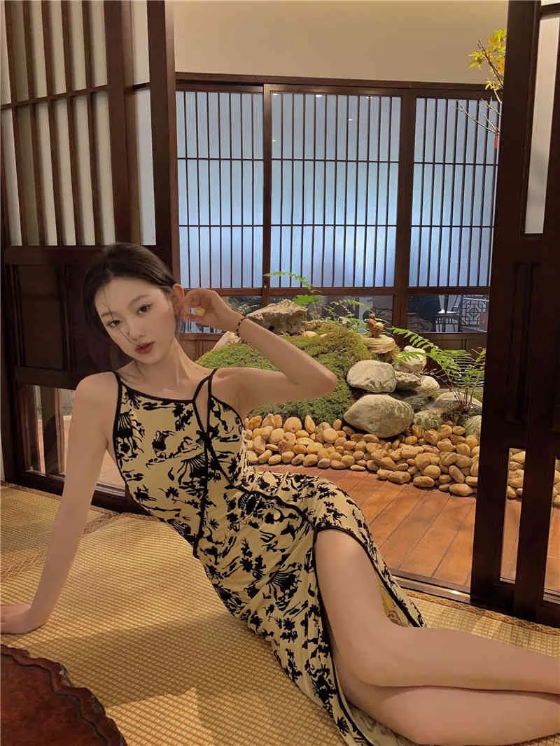 Korobov koreanska nya chic print kvinnor klänning sommar vintage sexig spaghetti band klänningar elegant split sexig boho klänning 210430