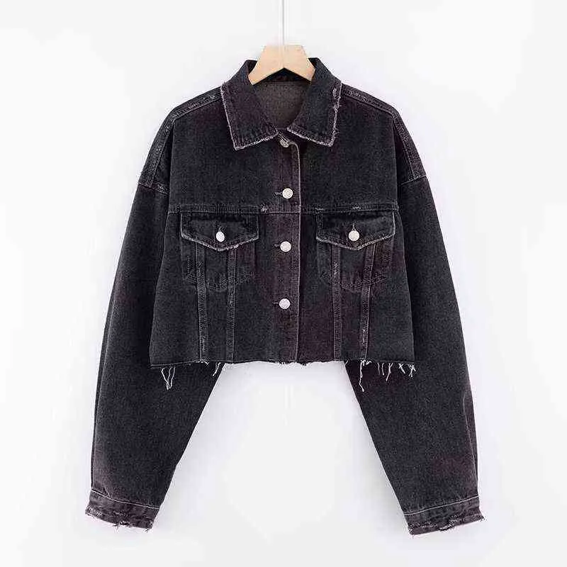 Autumn Drop Shoulder Loose Short Denim Jacket Vintage Women Lapel Pockets Single Breasted Draped Jean Coat Cool Outerwear 211029