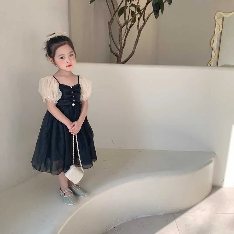 Koreanischer Stil Sommer Kinder Mädchen Kleid Perlen Puffärmel Sternenhimmel Mesh Prinzessin Kleider Retro Kleidung E207 210610