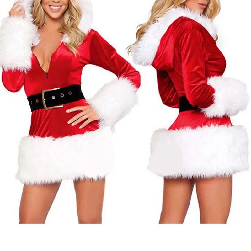 Frauen Kleid Hohe Qualität Sexy Damen Samt Kostüme Santa Claus Outfit für Weibliche Gürtel Weihnachten Kleidung 210522